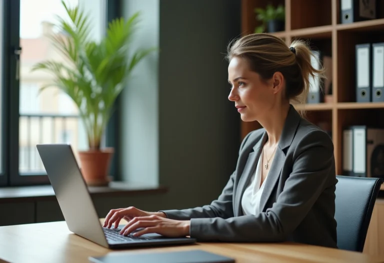 Femme d'âge moyen travaillant sur un ordinateur dans un bureau moderne