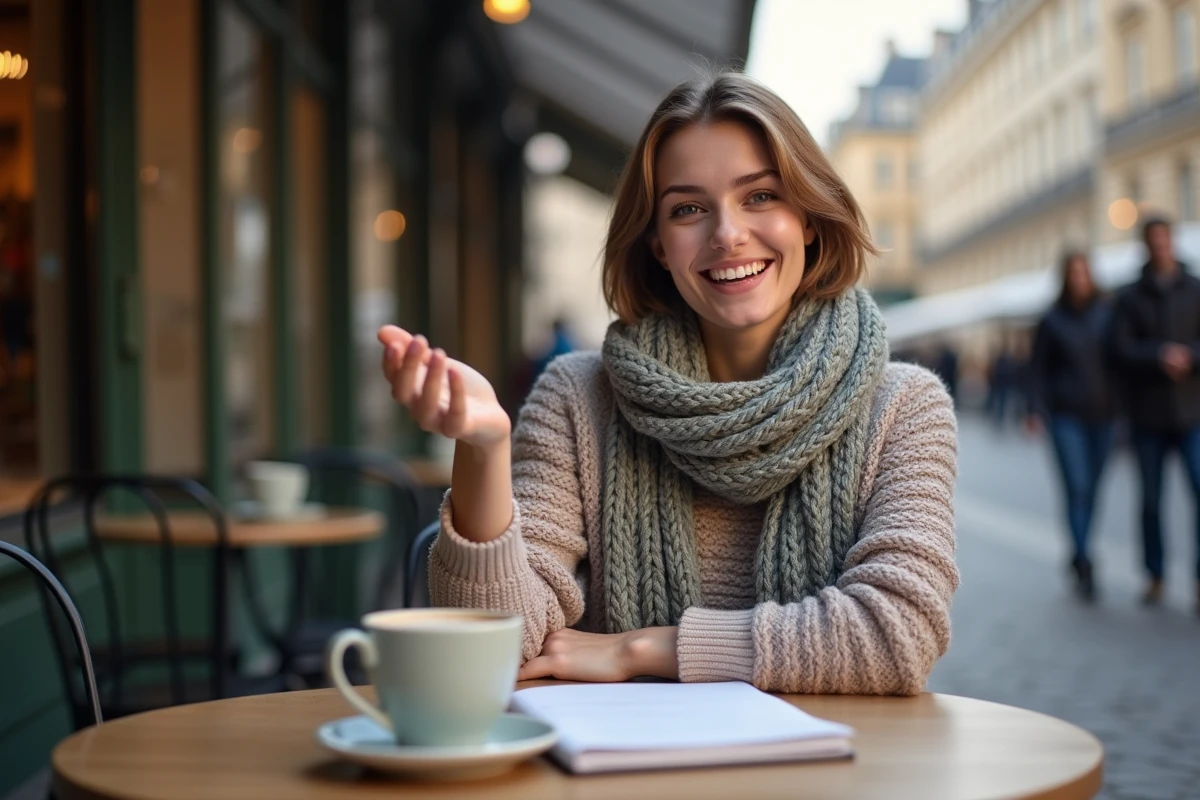 Femme souriante dans un café parisien en extérieur
