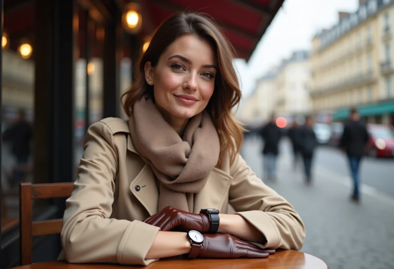 Femme élégante ajustant sa montre dans un café parisien