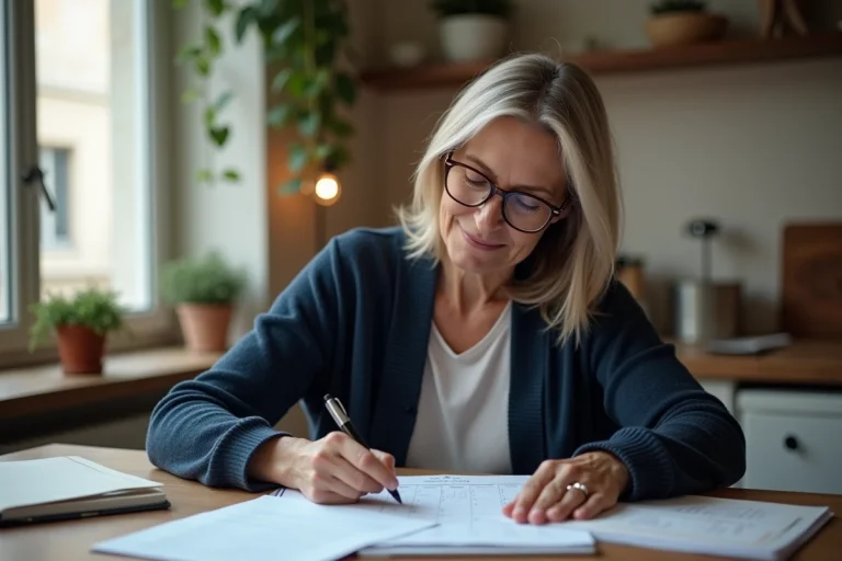 Femme d'âge mûr consultant un calendrier 2026 et des documents de pension d'invalidité à une table en bois dans un appartement français