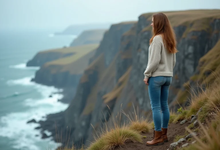 Jeune femme contemplant la mer depuis une falaise sauvage