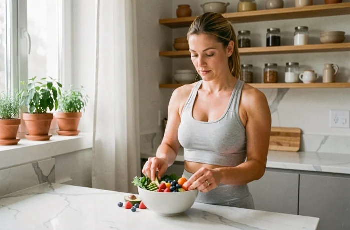Femme préparant un bol santé coloré avec fruits et légumes frais dans une cuisine moderne
