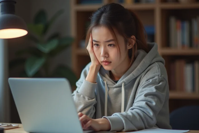 Jeune femme regardant un écran d'ordinateur avec une expression préoccupée, illustrant la découverte d'un leak sur les réseaux sociaux