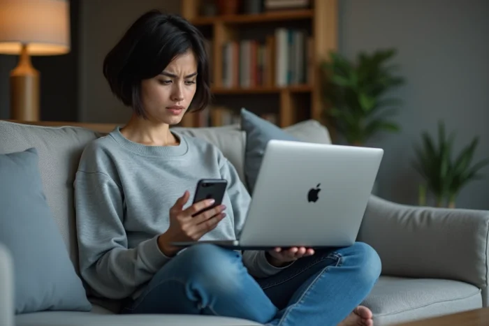 Femme dépannant une erreur système sur son ordinateur portable depuis son salon avec son smartphone