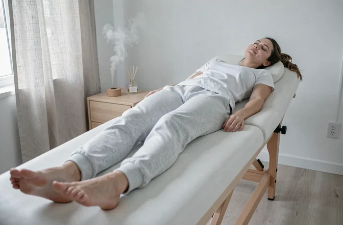 Femme détendue allongée sur une table de massage lors d'une séance de réflexologie dans un studio bien-être minimaliste