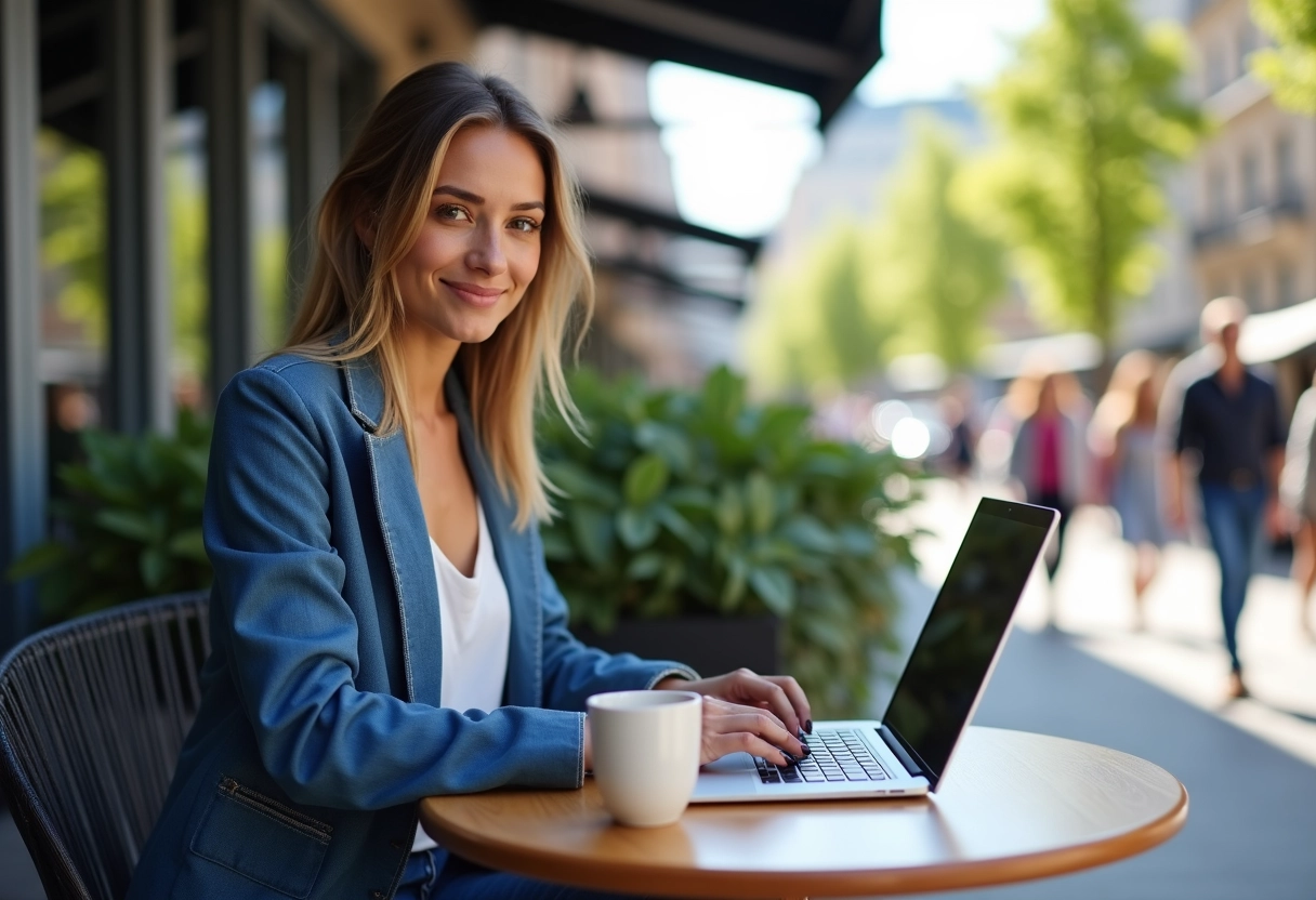 Jeune femme entrepreneure travaillant au café en extérieur