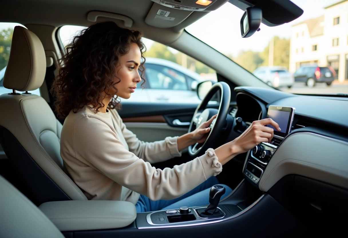 Jeune femme vérifiant le tableau de bord d une voiture