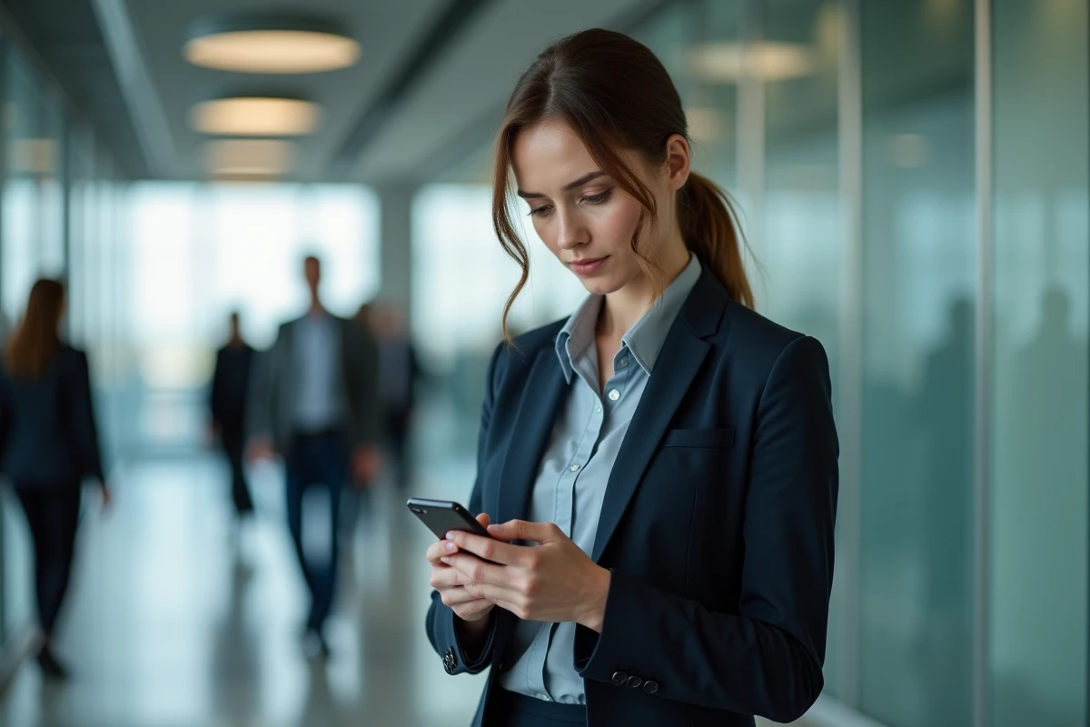 Femme en blazer observant discrètement un téléphone dans un bureau