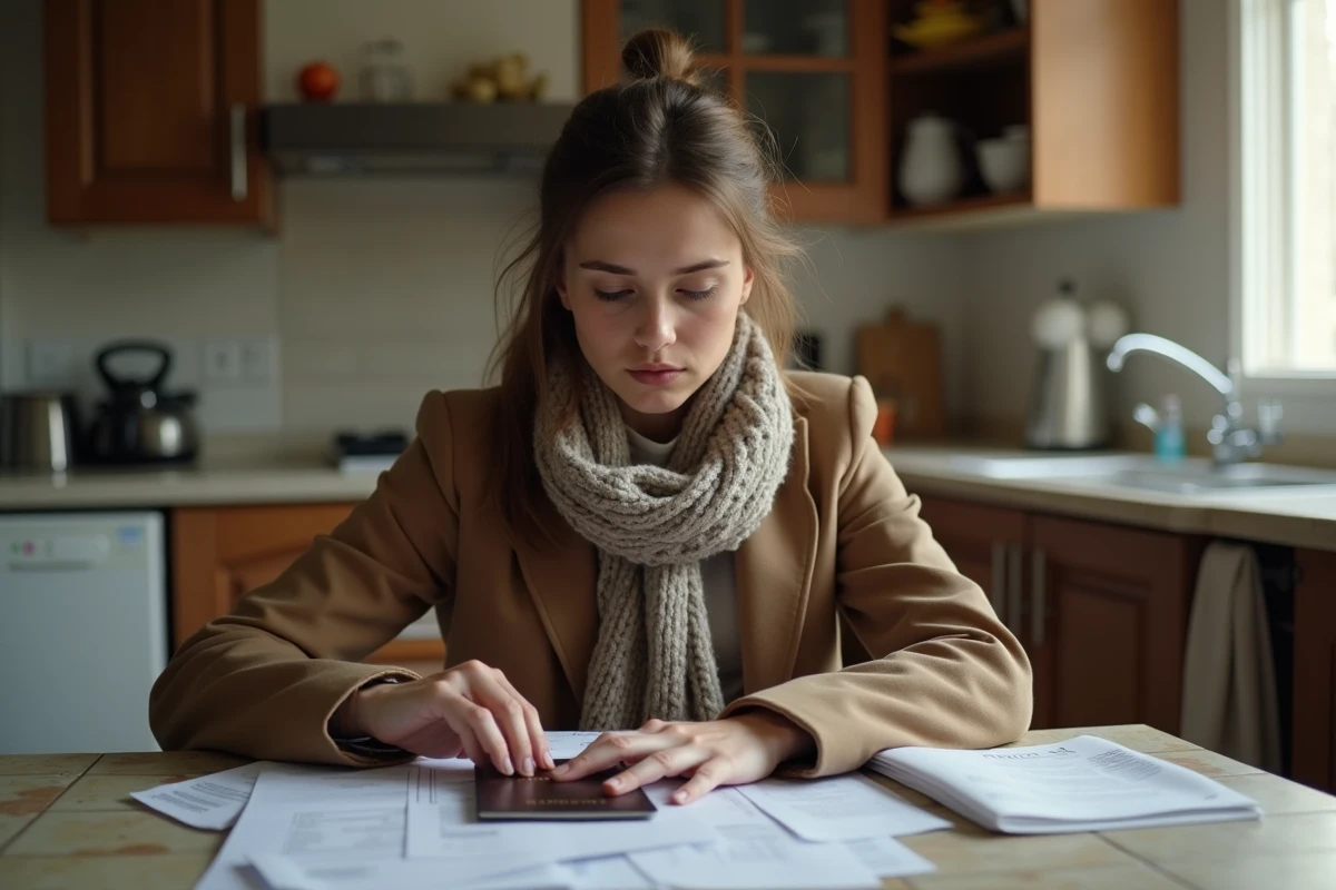 Jeune femme regardant ses papiers et passeport à la maison