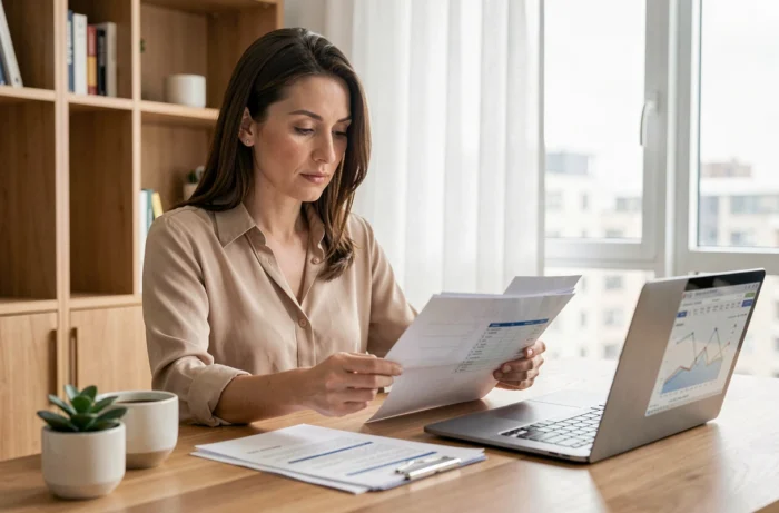 Femme concentrée qui analyse ses finances personnelles sur un ordinateur portable dans un bureau à domicile moderne