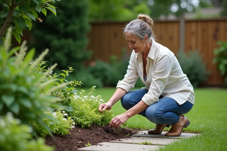 Femme d'âge moyen dans un jardin verdoyant arrangeant des plantes