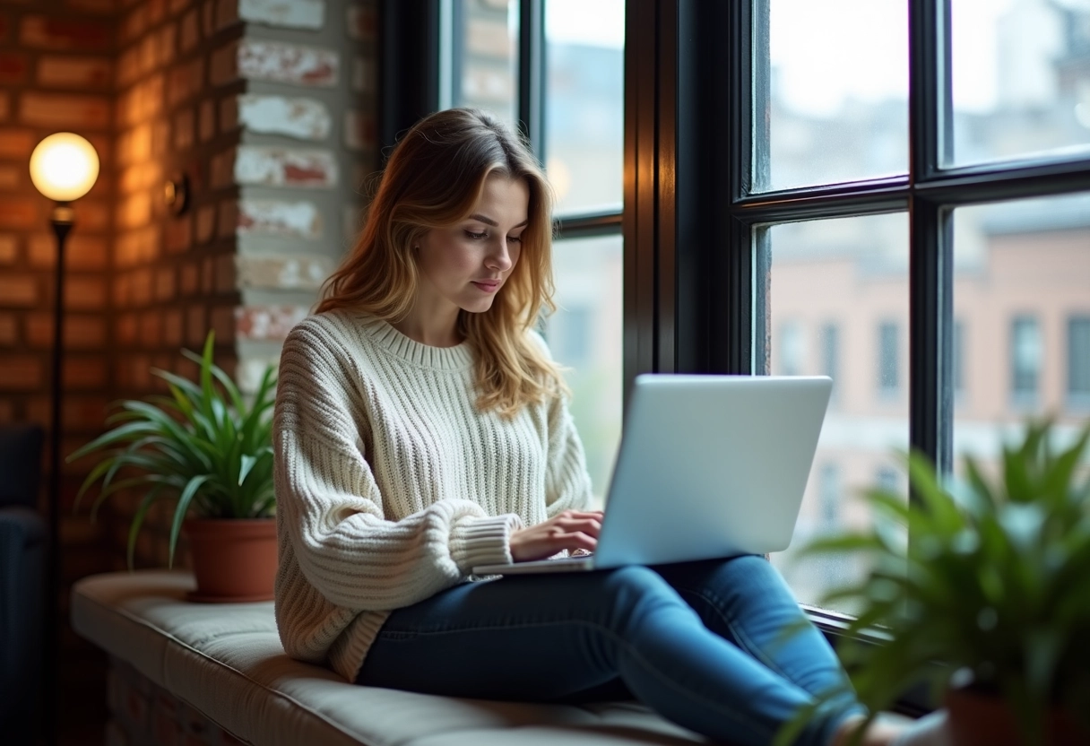 Jeune femme lisant des actualités tech dans un appartement urbain