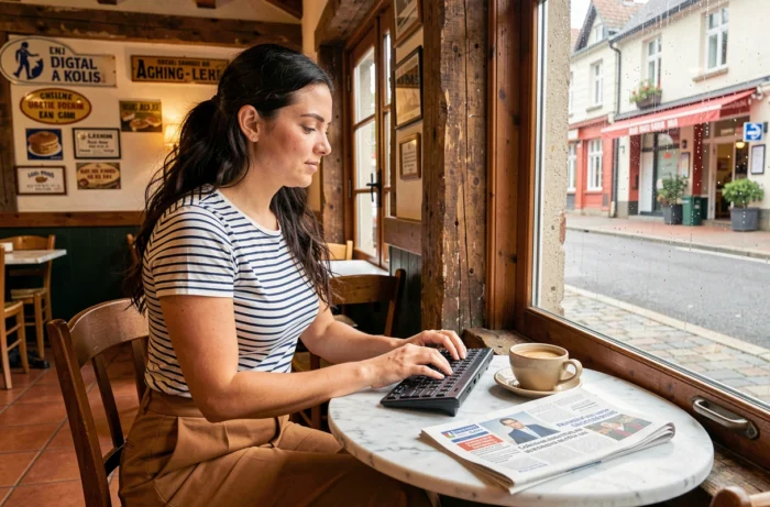 Jeune femme en marinière bretonne travaillant sur un magazine digital dans une crêperie traditionnelle bretonne