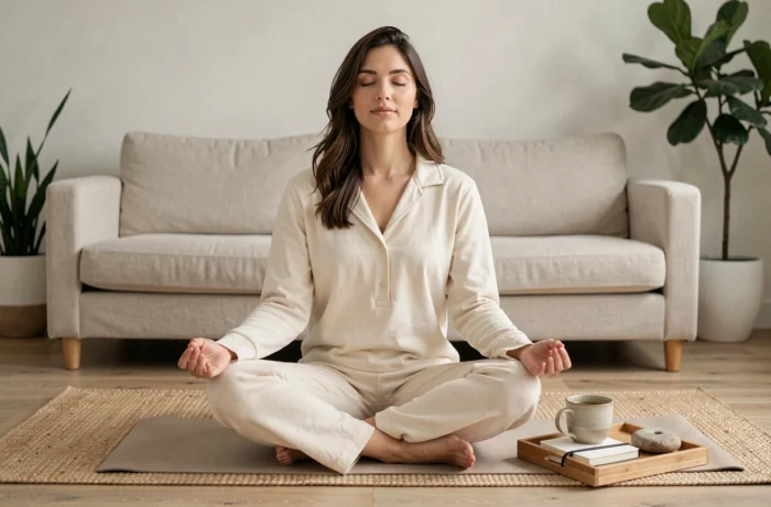 Femme en méditation sur un tapis de yoga dans un salon minimaliste avec tisane et plantes