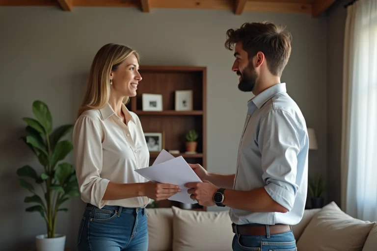 Femme d'âge moyen donnant des documents à son fils dans un salon
