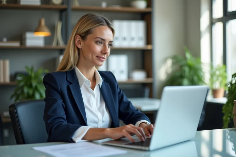 Femme d'affaires en bureau moderne travaillant sur son ordinateur
