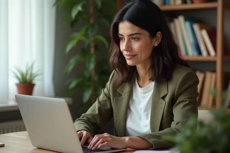 Femme en reconversion professionnelle suivant une formation en ligne sur son ordinateur portable dans un bureau à domicile