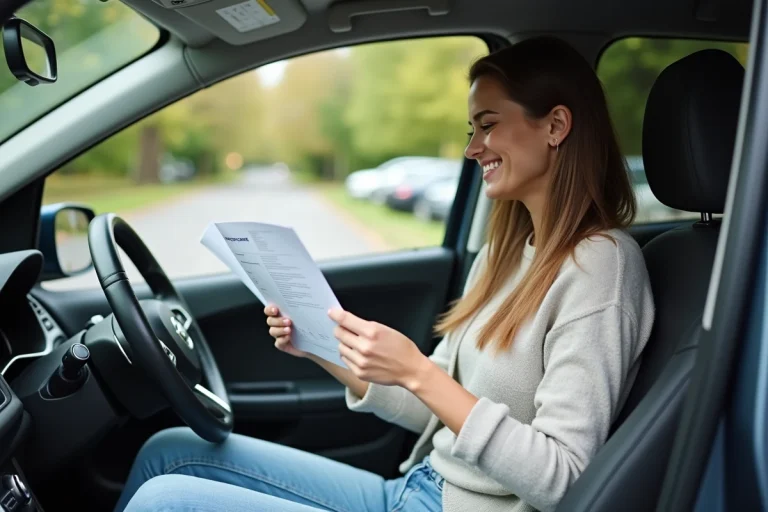 Femme souriante dans sa voiture en milieu urbain