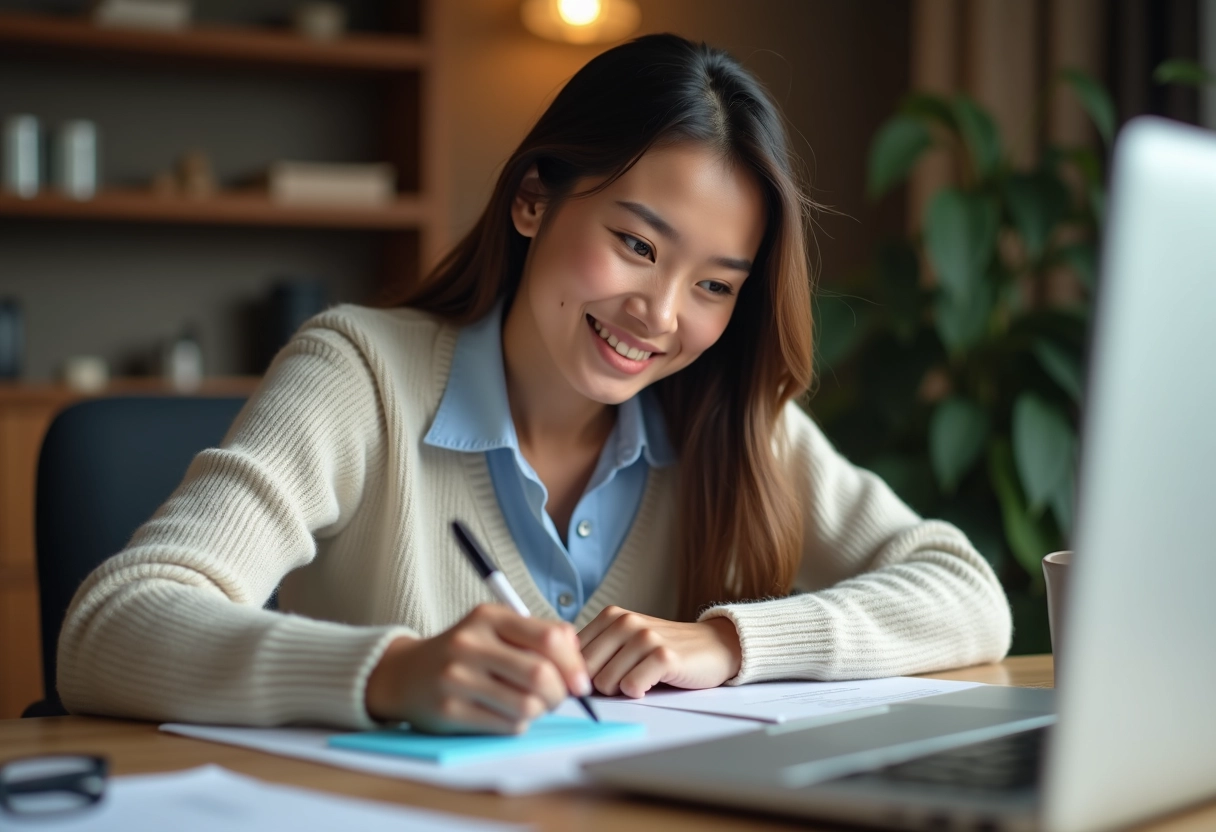 Femme au bureau noteuse avec manuel auto et ordinateur