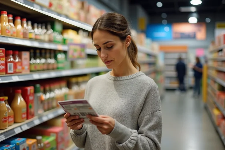 Femme consultant un carnet de vignettes Intermarché en rayon de supermarché pour optimiser ses économies 2026