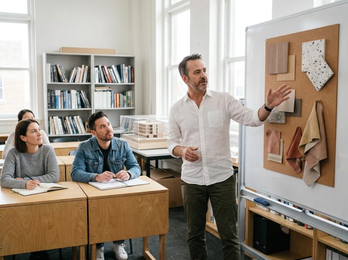 Formateur en architecture d'intérieur présentant des échantillons de matériaux à ses étudiants en atelier