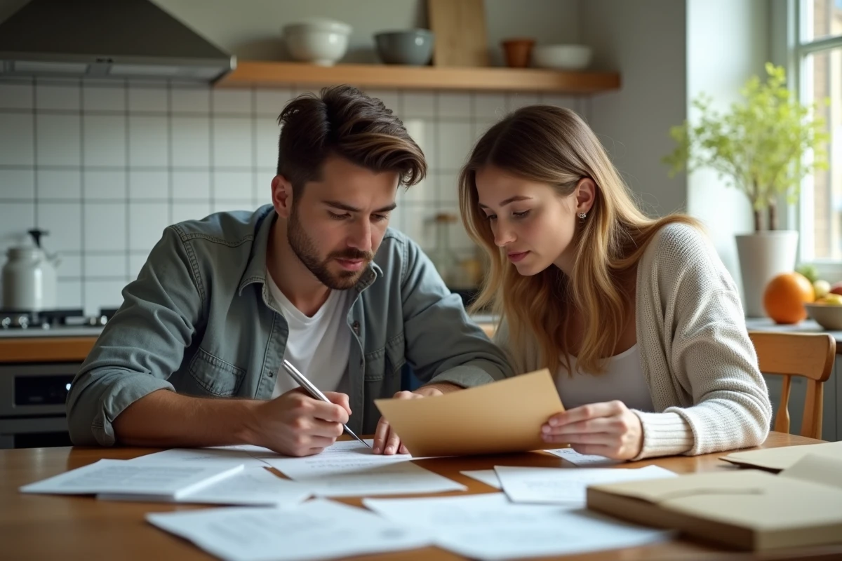 Deux frères et sœurs discutant de documents à la cuisine
