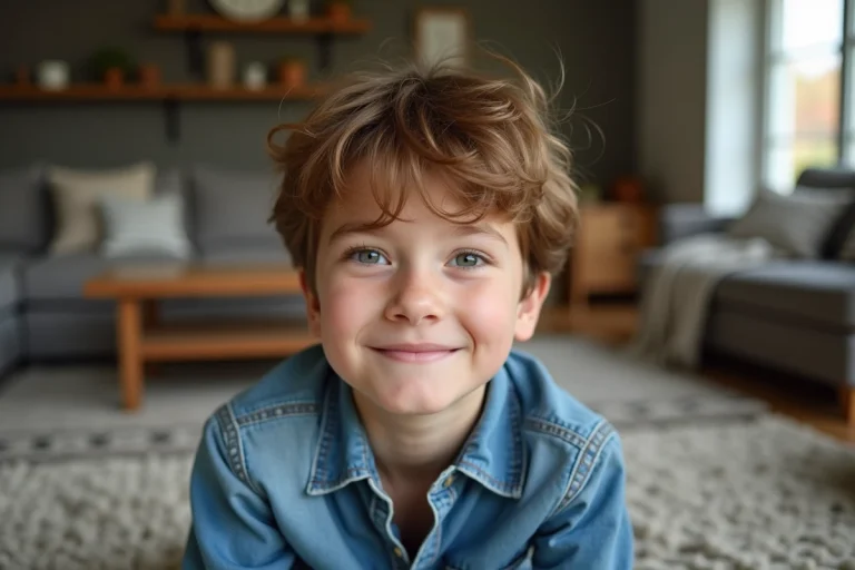 Jeune garçon de 10 ans souriant dans un salon moderne