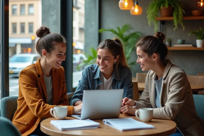 Groupe de professionnels en reconversion étudiant ensemble une formation en ligne dans un café urbain