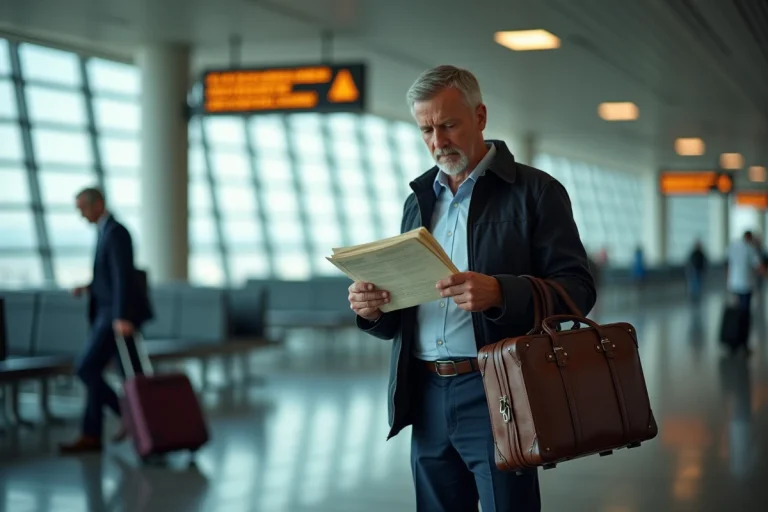Homme d affaires à l aéroport avec valise et documents