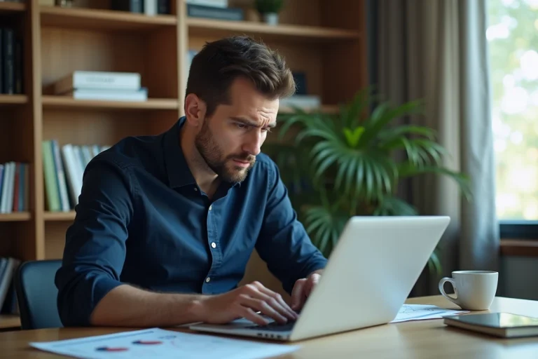 Homme analysant des documents financiers sur un ordinateur portable pour éviter des erreurs d'investissement avec Gadrov