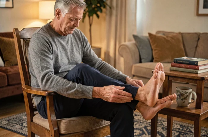 Homme pratiquant l'automassage plantaire chez lui dans un fauteuil en bois, intégrant la réflexologie à sa routine de bien-être quotidienne