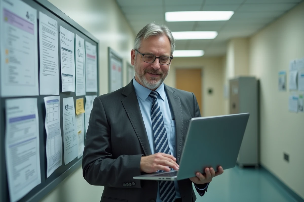 Homme en costume vérifiant des formulaires sur un panneau