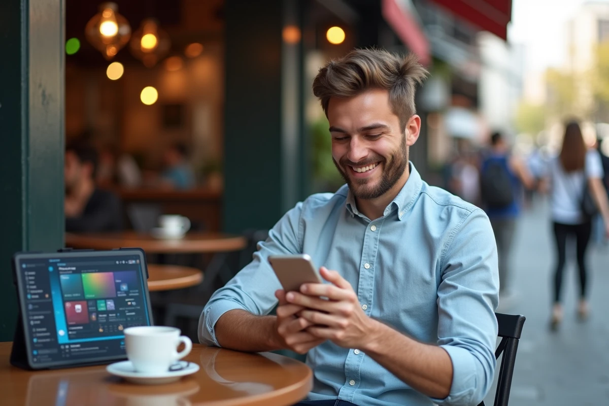 Jeune homme au café utilisant son smartphone et tablette pour réseaux sociaux
