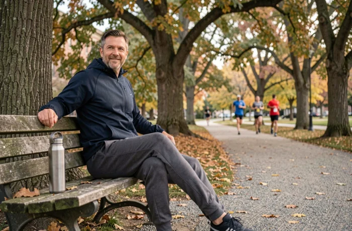 Homme effectuant des étirements dans un parc en automne avant une séance de jogging