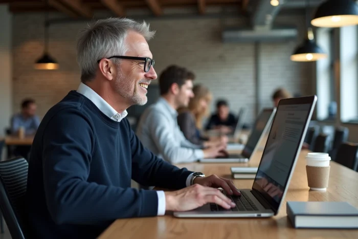 Homme adulte en reconversion suivant une formation continue en ligne dans un espace de coworking moderne