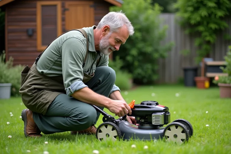 Homme d'âge moyen inspectant sa tondeuse dans le jardin