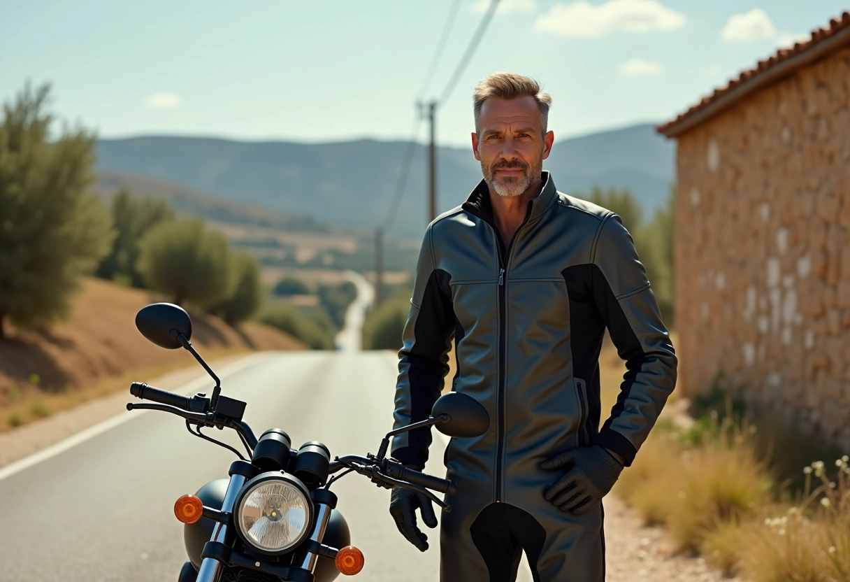 Homme espagnol en tenue de moto dans la campagne paisible