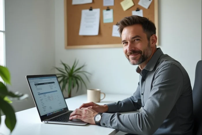 Homme consultant un site de la sécurité sociale sur ordinateur portable avec un calendrier de paiement des pensions d'invalidité 2026 posé sur le bureau
