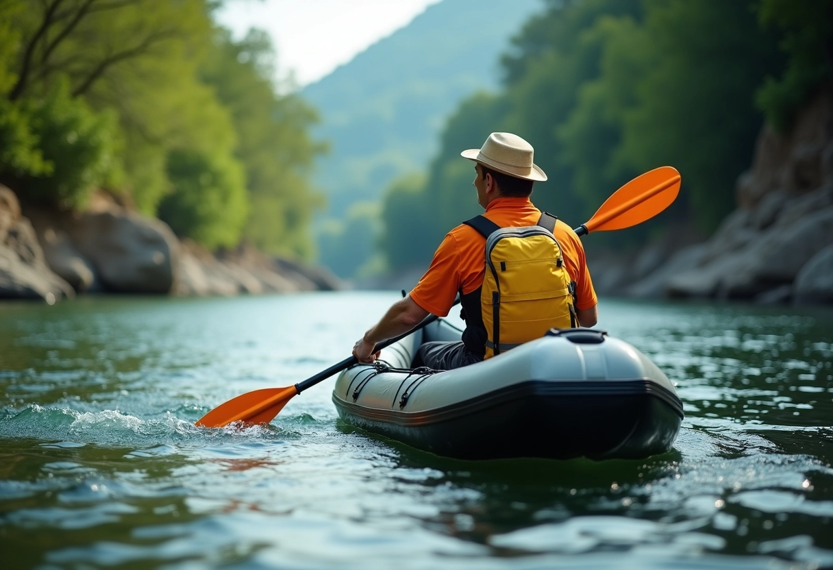 Homme paddlant calmement dans un kayak sur la rivière
