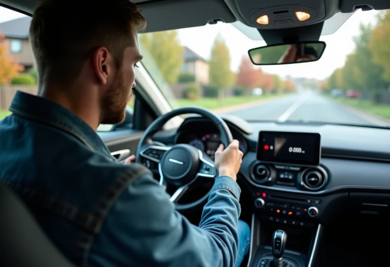 Homme dans une voiture moderne consulte le tableau de bord