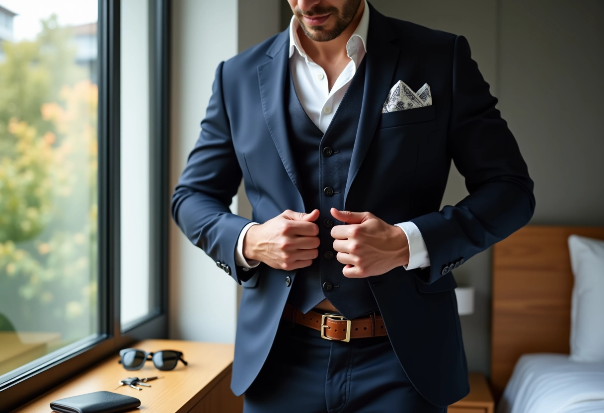 Homme en tenue sophistiquée préparant sa journée dans sa chambre