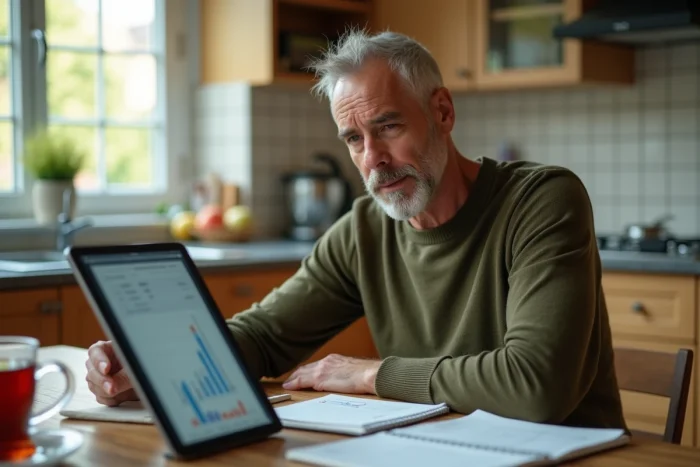 Homme à domicile consultant des graphiques financiers sur tablette pour éviter les pièges d'investissement Gadrov