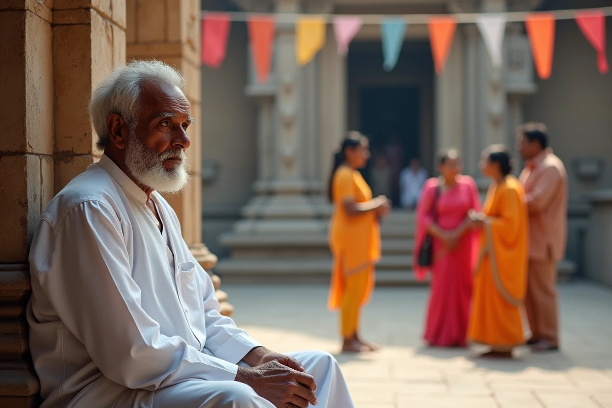 Homme indien assis observant des touristes dans une cour de temple