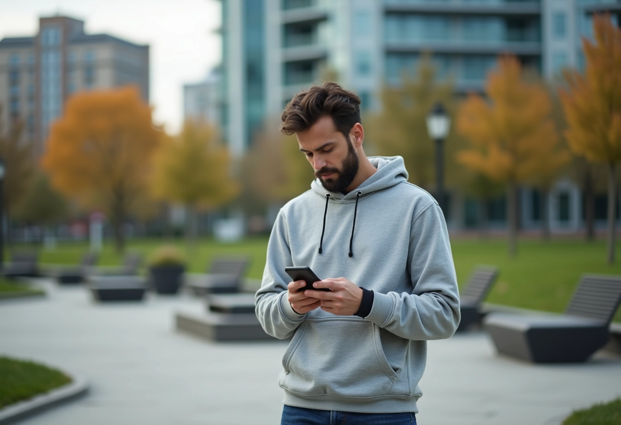 Homme dans un parc urbain utilisant son smartphone
