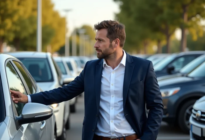 Homme inspectant une voiture d occasion dans un parking