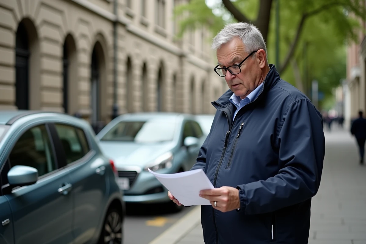 Homme vérifiant son assurance à côté de sa voiture en ville