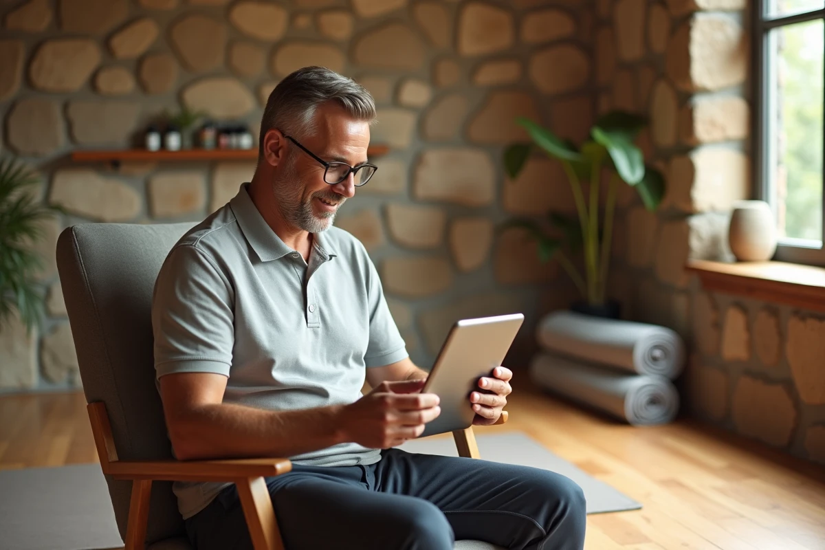 Homme discutant en visioconference dans un studio wellness chaleureux