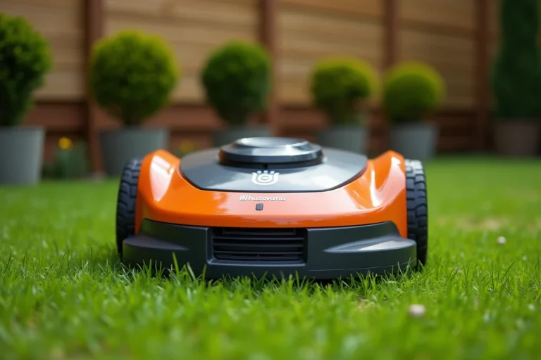 Robot tondeuse Husqvarna Automower 310 sur une pelouse verte bien entretenue dans un jardin résidentiel