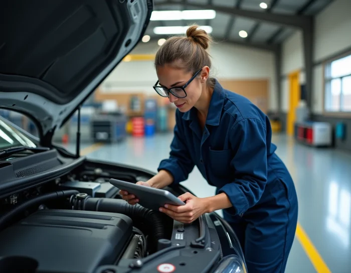 Ingénieure automobile inspectant le module de batterie d'un véhicule électrique dans un atelier de mécanique moderne