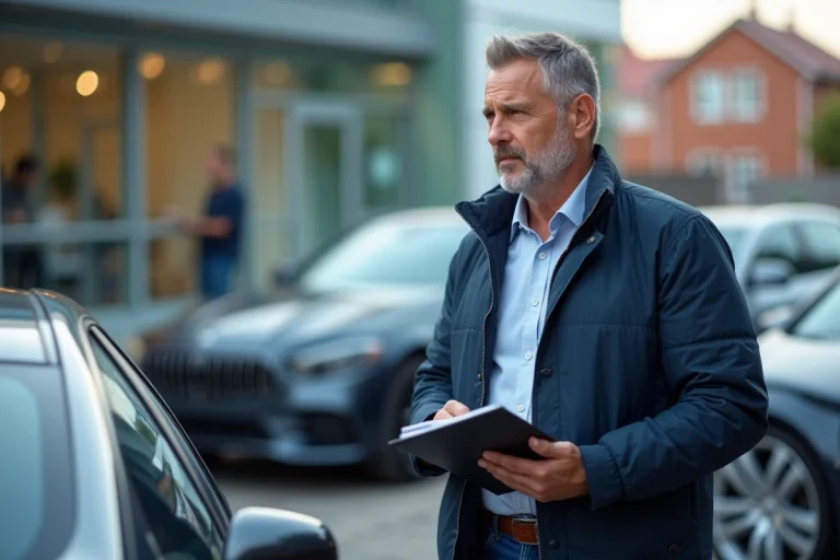 Homme inspectant une voiture moderne en concession urbaine